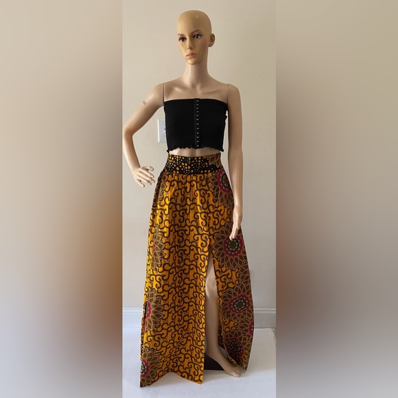 Yellow Multicolor African Print Ankara Handmade High Slit Maxi Skirt - Picture 5 of 5
